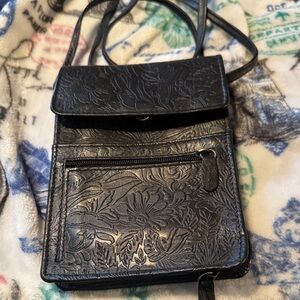 Floral Embossed Black Leather Crossbody Bag